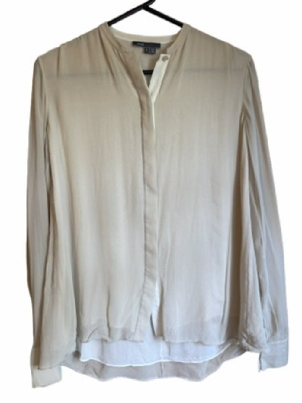 Vince Colorblock Silk Top Taupe/Cream Size 2 Long Sleeve Hi Low Hem